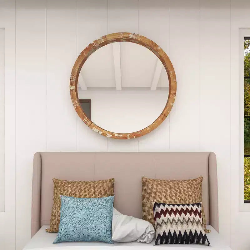 Specchio da parete rotondo in legno anticato, 100 cm, marrone