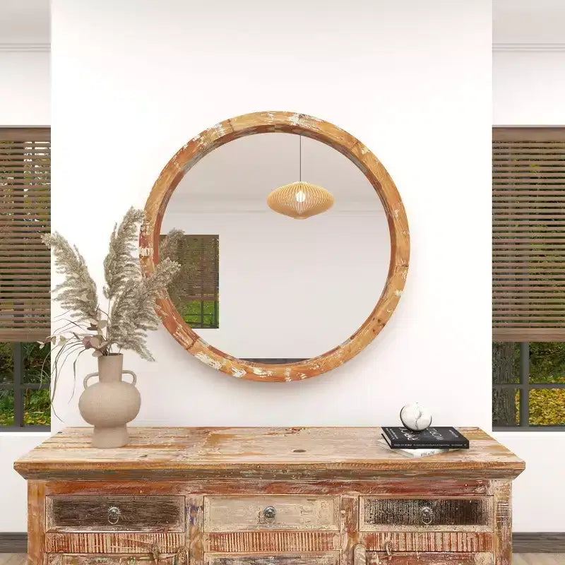Specchio da parete rotondo in legno anticato, 100 cm, marrone