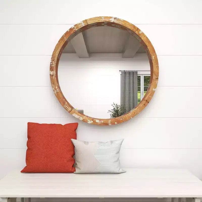 Specchio da parete rotondo in legno anticato, 100 cm, marrone