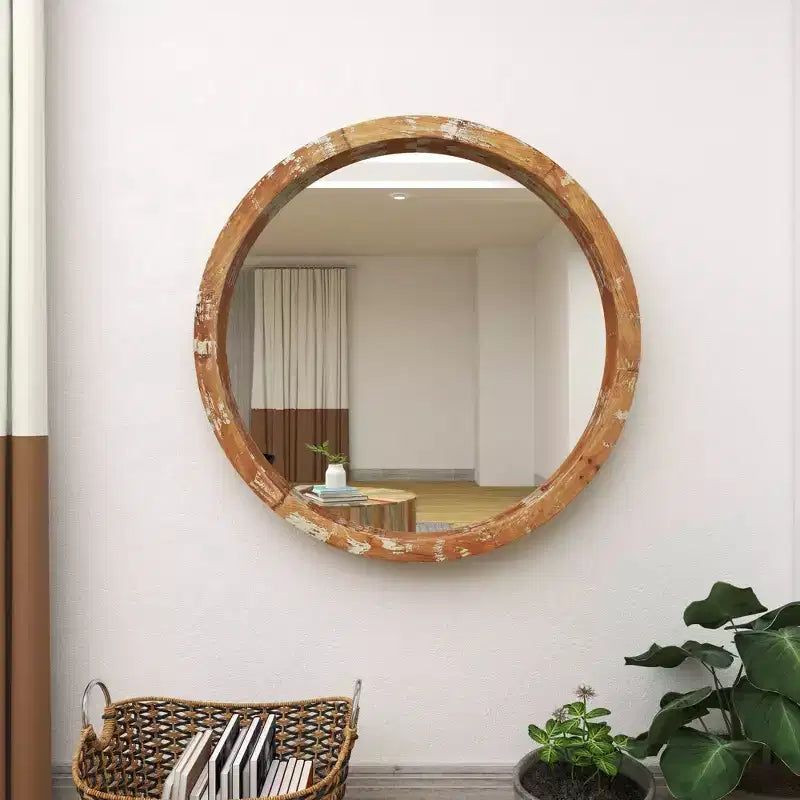 Specchio da parete rotondo in legno anticato, 100 cm, marrone