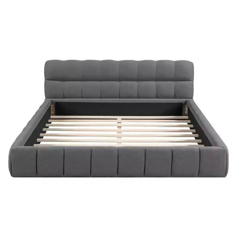 Letto a piattaforma imbottito queen size con testiera in tessuto di lino