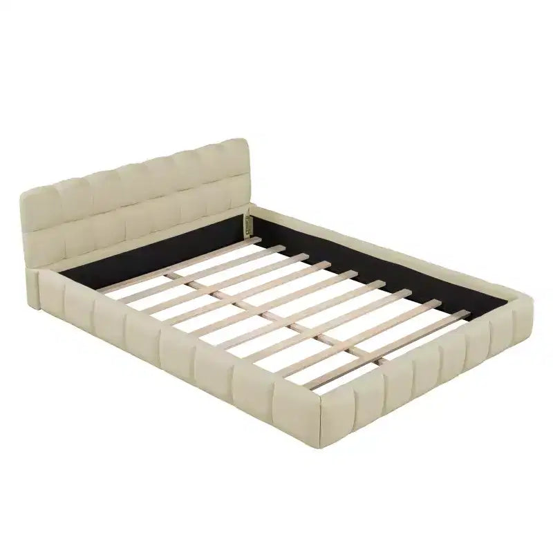 Letto a piattaforma imbottito queen size con testiera in tessuto di lino