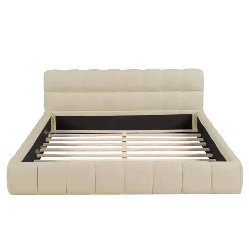 Letto a piattaforma imbottito queen size con testiera in tessuto di lino