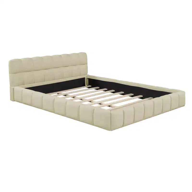 Letto a piattaforma imbottito queen size con testiera in tessuto di lino