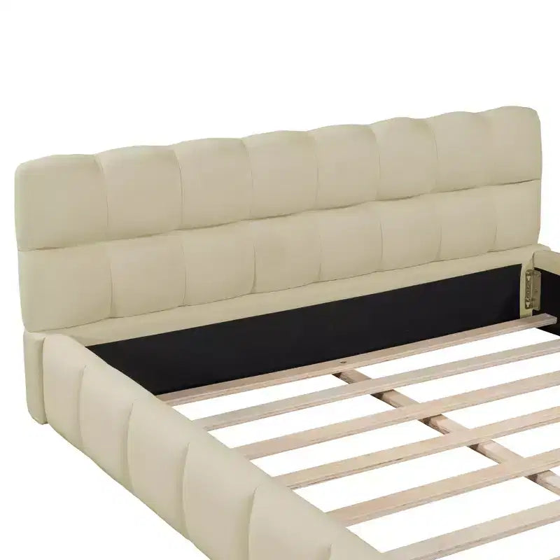 Letto a piattaforma imbottito queen size con testiera in tessuto di lino