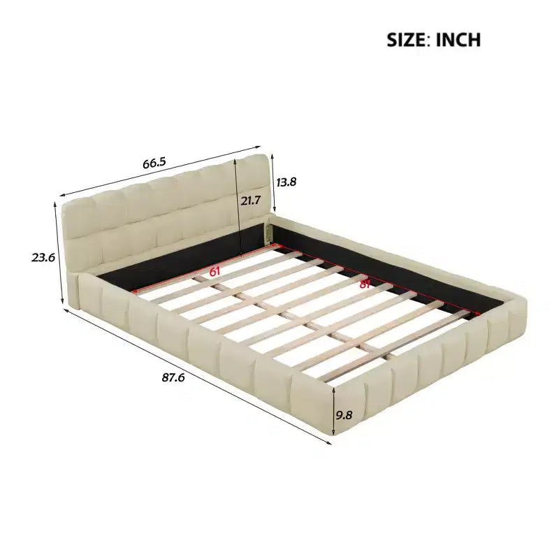 Letto a piattaforma imbottito queen size con testiera in tessuto di lino