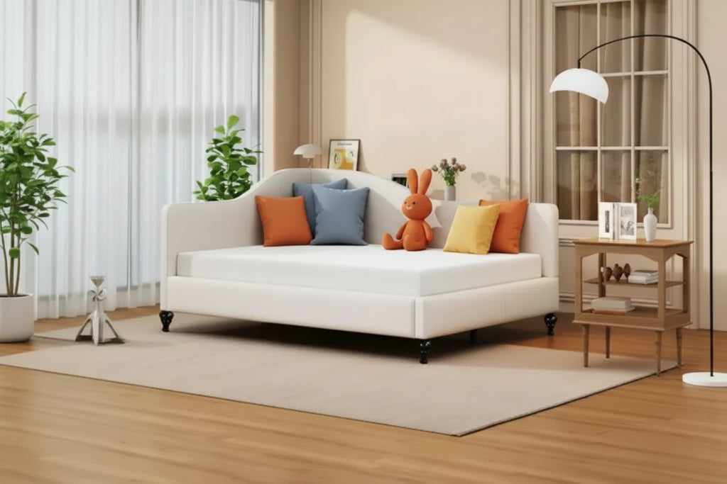 Full Size L-Shaped Linen Daybed, with Solid Wood Legs