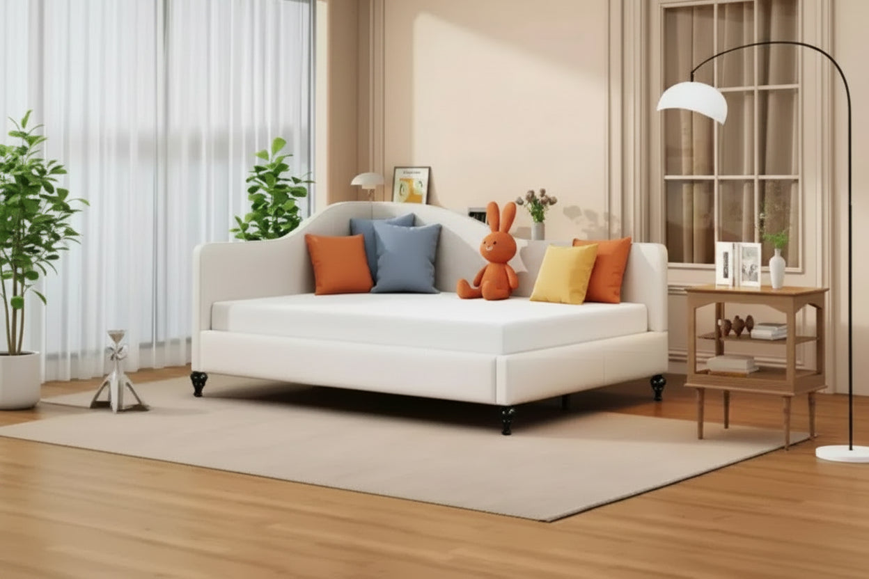 Full Size L-Shaped Linen Daybed, with Solid Wood Legs