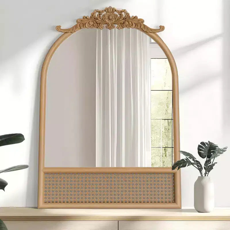 Specchio da Parete ad Arco con Cornice in Legno Rattan, 32 x 36 Pollici