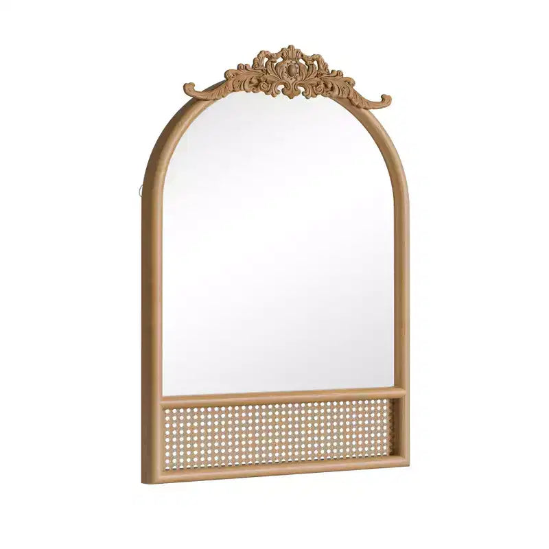Specchio da Parete ad Arco con Cornice in Legno Rattan, 32 x 36 Pollici