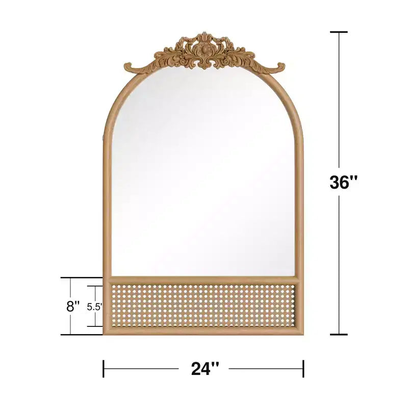 Specchio da Parete ad Arco con Cornice in Legno Rattan, 32 x 36 Pollici