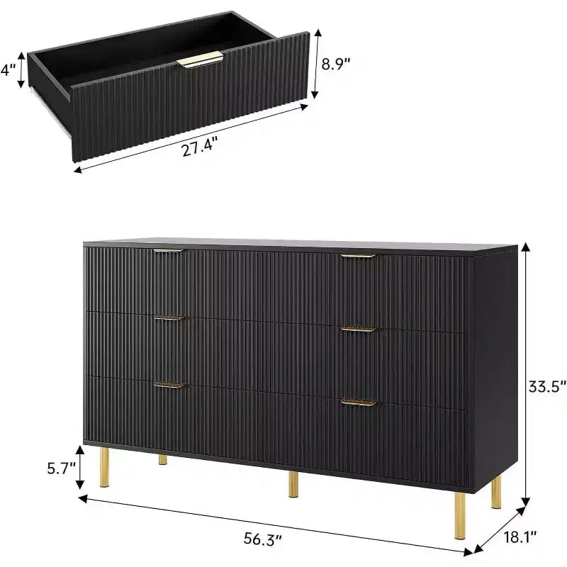 Comò a 6 cassetti con gambe in metallo e maniglie color oro