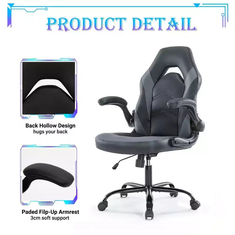 Sedia da gaming ergonomica con rivestimento in pelle PU, braccioli ribaltabili e supporto lombare