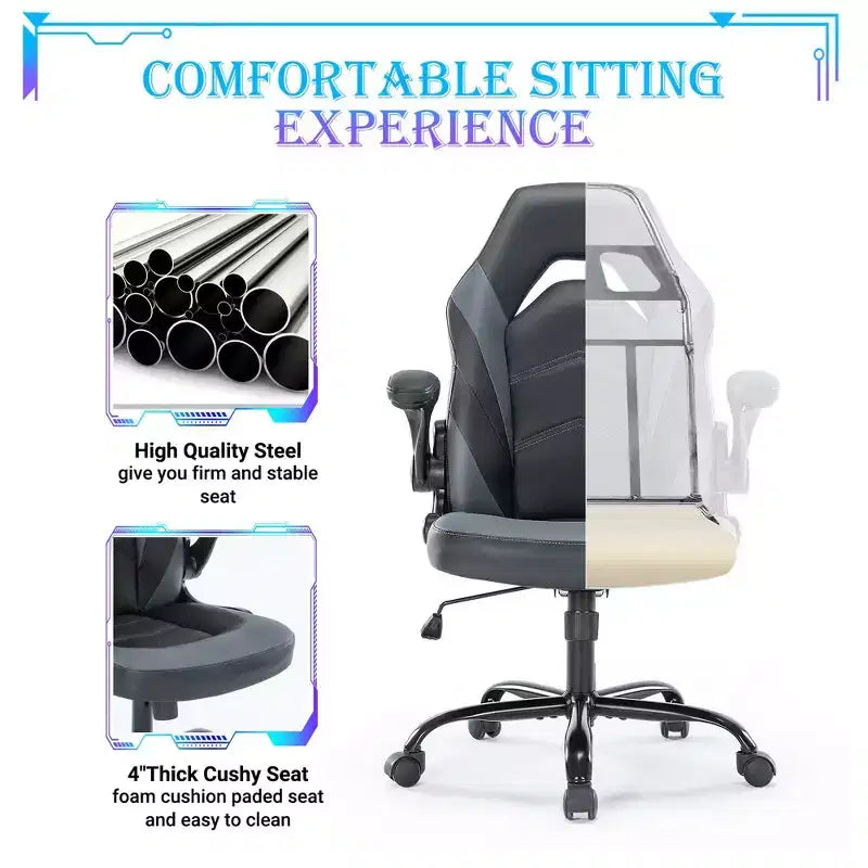 Sedia da gaming ergonomica con rivestimento in pelle PU, braccioli ribaltabili e supporto lombare