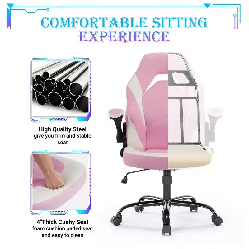 Sedia da gaming ergonomica con rivestimento in pelle PU, braccioli ribaltabili e supporto lombare