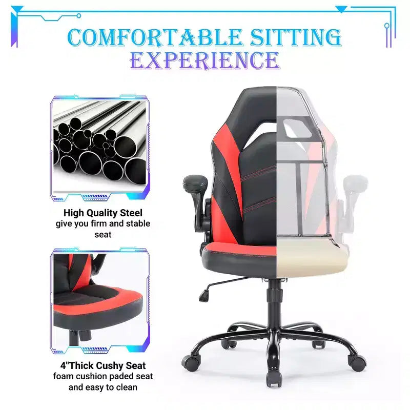 Sedia da gaming ergonomica con rivestimento in pelle PU, braccioli ribaltabili e supporto lombare