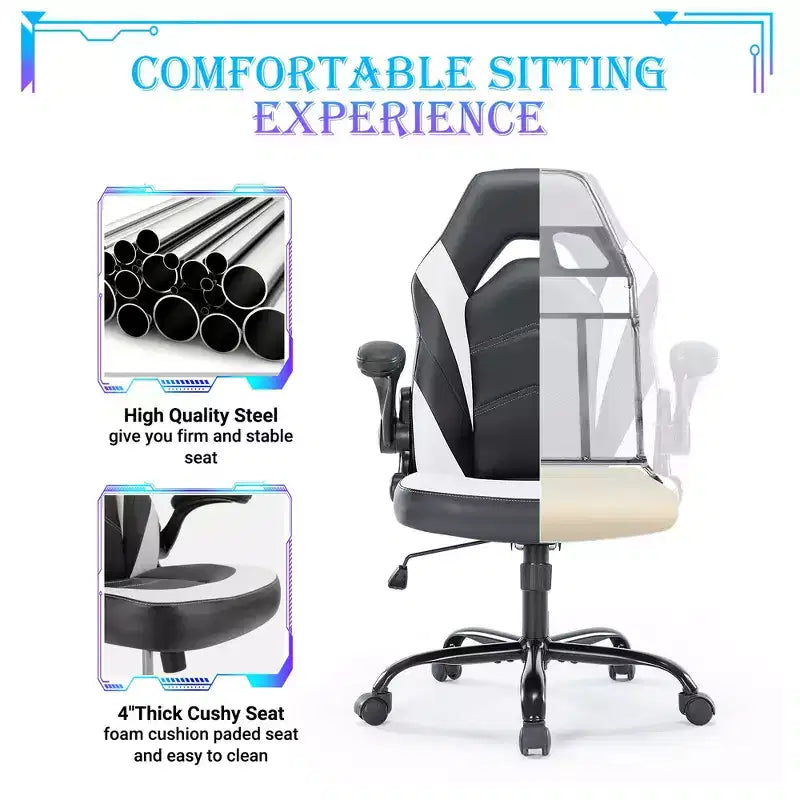 Sedia da gaming ergonomica con rivestimento in pelle PU, braccioli ribaltabili e supporto lombare