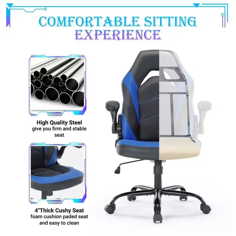 Sedia da gaming ergonomica con rivestimento in pelle PU, braccioli ribaltabili e supporto lombare
