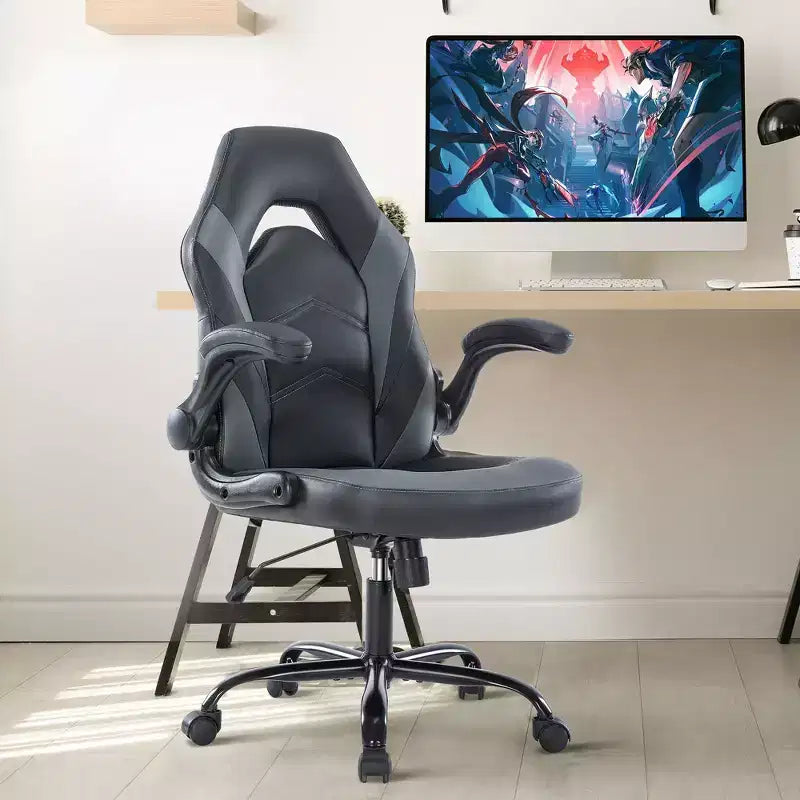Sedia da gaming ergonomica con rivestimento in pelle PU, braccioli ribaltabili e supporto lombare
