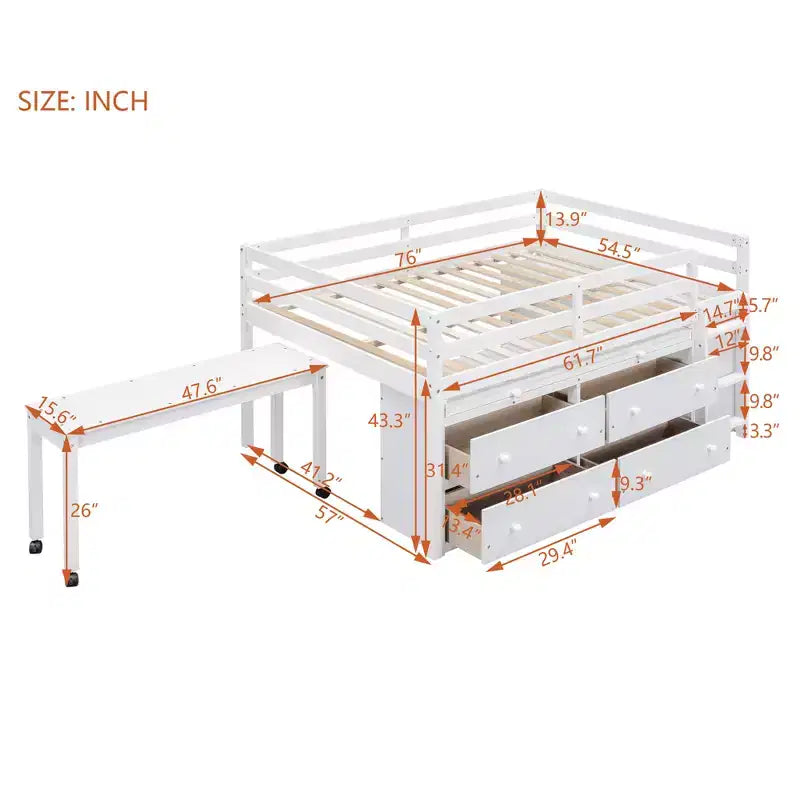 Letto a soppalco singolo con scrivania estraibile, 4 cassetti e mensole laterali, 76"L x 41.8"W x 43.3"H