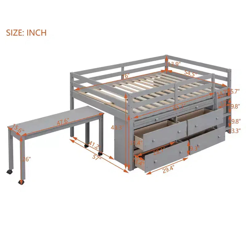 Letto a soppalco singolo con scrivania estraibile, 4 cassetti e mensole laterali, 76"L x 41.8"W x 43.3"H