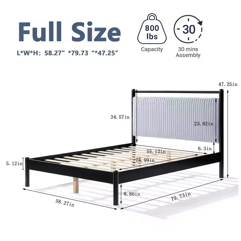 Letto a piattaforma matrimoniale/queen size con testiera imbottita, struttura nera e testiera grigia
