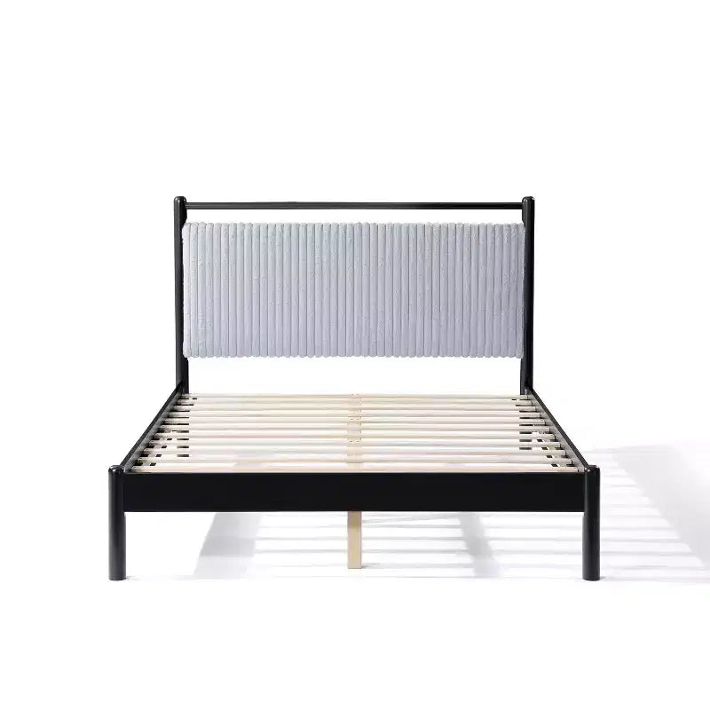 Letto a piattaforma matrimoniale/queen size con testiera imbottita, struttura nera e testiera grigia