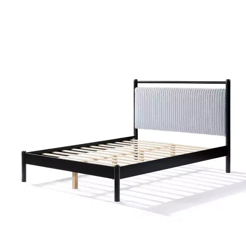 Letto a piattaforma matrimoniale/queen size con testiera imbottita, struttura nera e testiera grigia