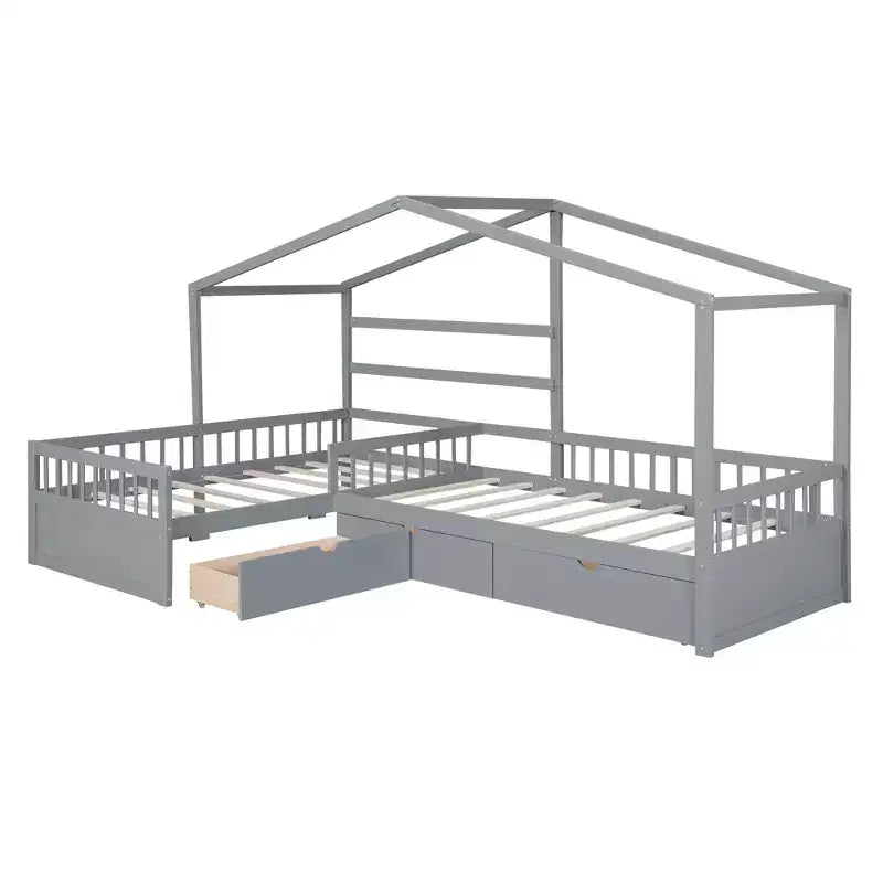 Letto a Piattaforma a Forma di Casetta per Bambini (Misura Singola) con 3 Cassetti, Legno di Pino