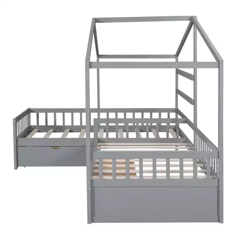 Letto a Piattaforma a Forma di Casetta per Bambini (Misura Singola) con 3 Cassetti, Legno di Pino