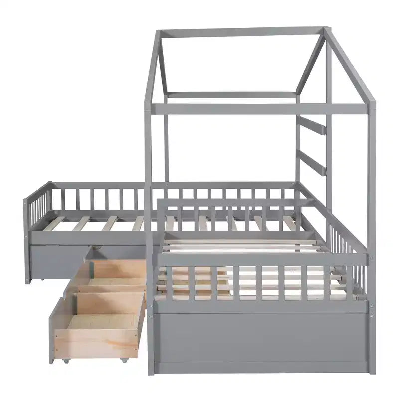 Letto a Piattaforma a Forma di Casetta per Bambini (Misura Singola) con 3 Cassetti, Legno di Pino