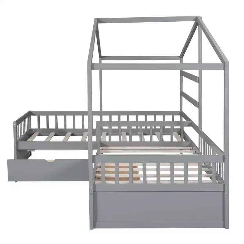 Letto a Piattaforma a Forma di Casetta per Bambini (Misura Singola) con 3 Cassetti, Legno di Pino