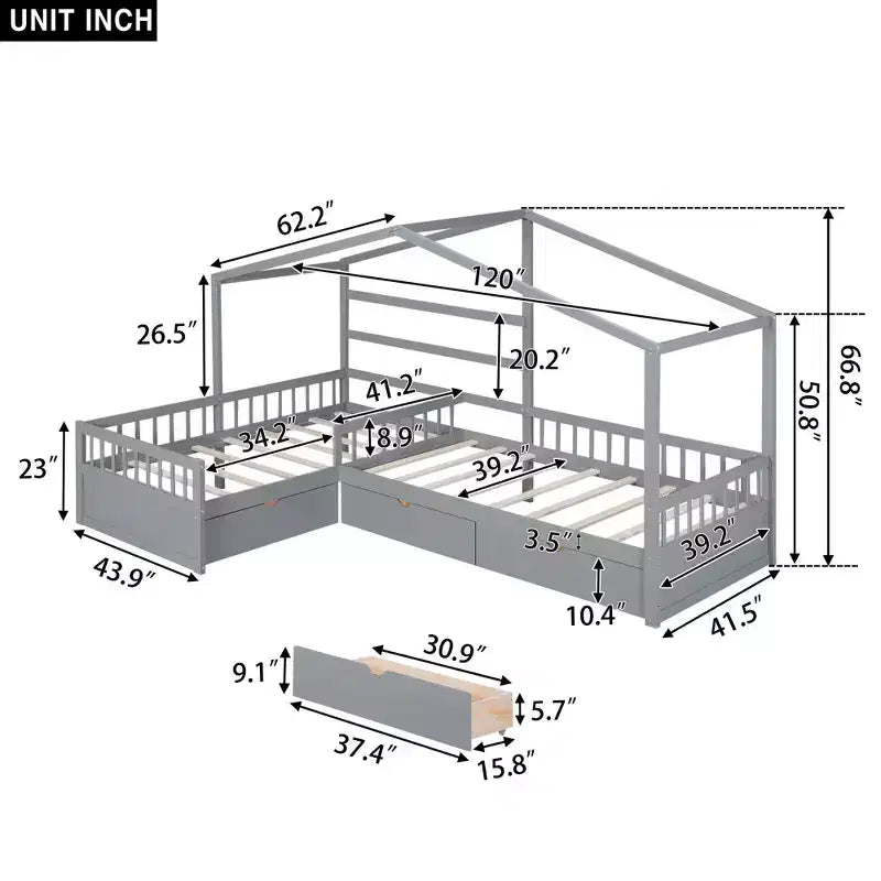 Letto a Piattaforma a Forma di Casetta per Bambini (Misura Singola) con 3 Cassetti, Legno di Pino