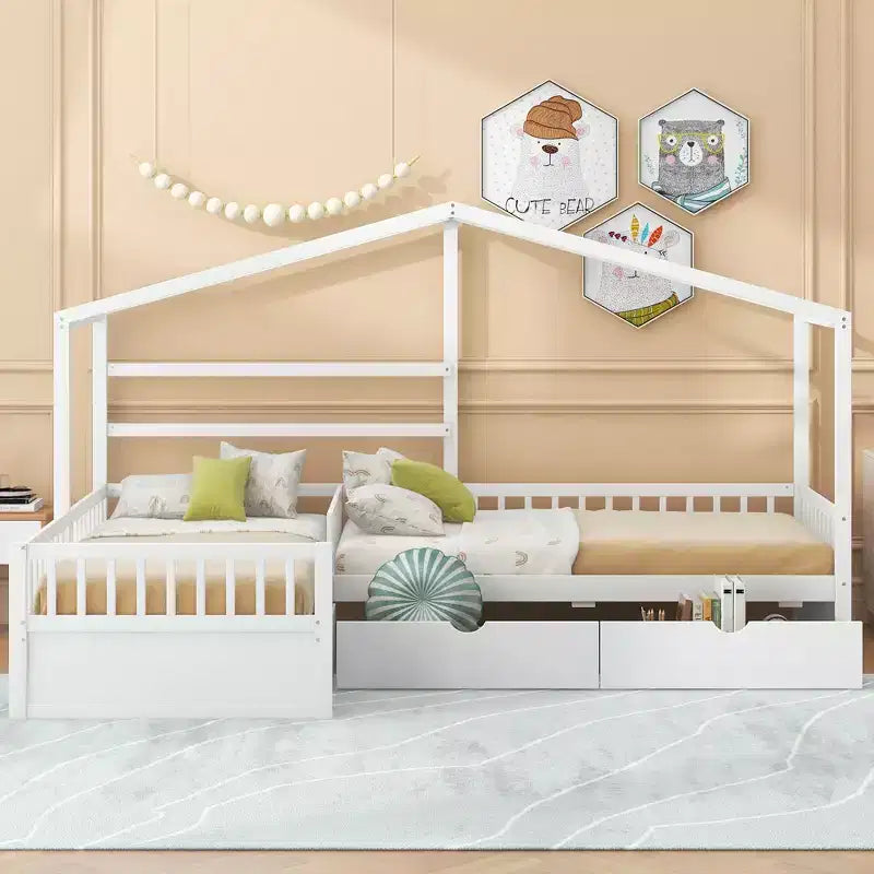 Letto a Piattaforma a Forma di Casetta per Bambini (Misura Singola) con 3 Cassetti, Legno di Pino