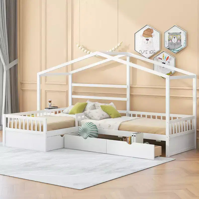Letto a Piattaforma a Forma di Casetta per Bambini (Misura Singola) con 3 Cassetti, Legno di Pino