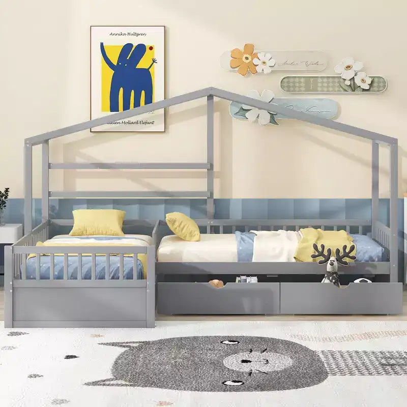 Letto a Piattaforma a Forma di Casetta per Bambini (Misura Singola) con 3 Cassetti, Legno di Pino