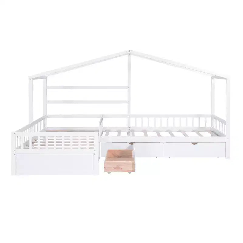 Letto a Piattaforma a Forma di Casetta per Bambini (Misura Singola) con 3 Cassetti, Legno di Pino