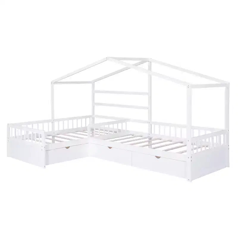 Letto a Piattaforma a Forma di Casetta per Bambini (Misura Singola) con 3 Cassetti, Legno di Pino