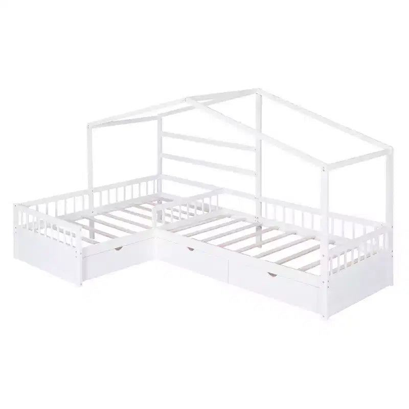 Letto a Piattaforma a Forma di Casetta per Bambini (Misura Singola) con 3 Cassetti, Legno di Pino