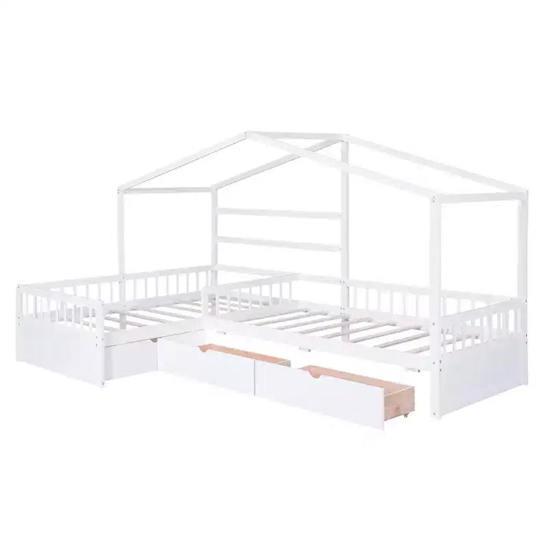 Letto a Piattaforma a Forma di Casetta per Bambini (Misura Singola) con 3 Cassetti, Legno di Pino