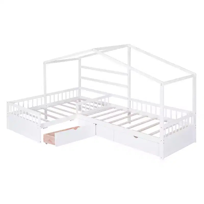 Letto a Piattaforma a Forma di Casetta per Bambini (Misura Singola) con 3 Cassetti, Legno di Pino