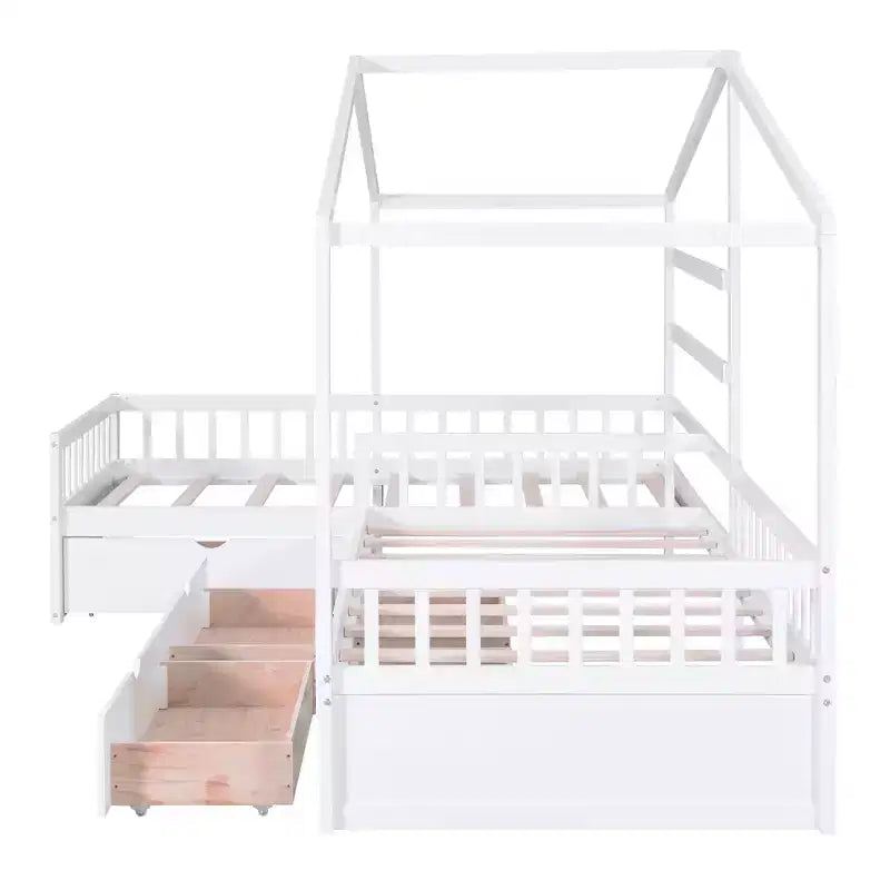 Letto a Piattaforma a Forma di Casetta per Bambini (Misura Singola) con 3 Cassetti, Legno di Pino