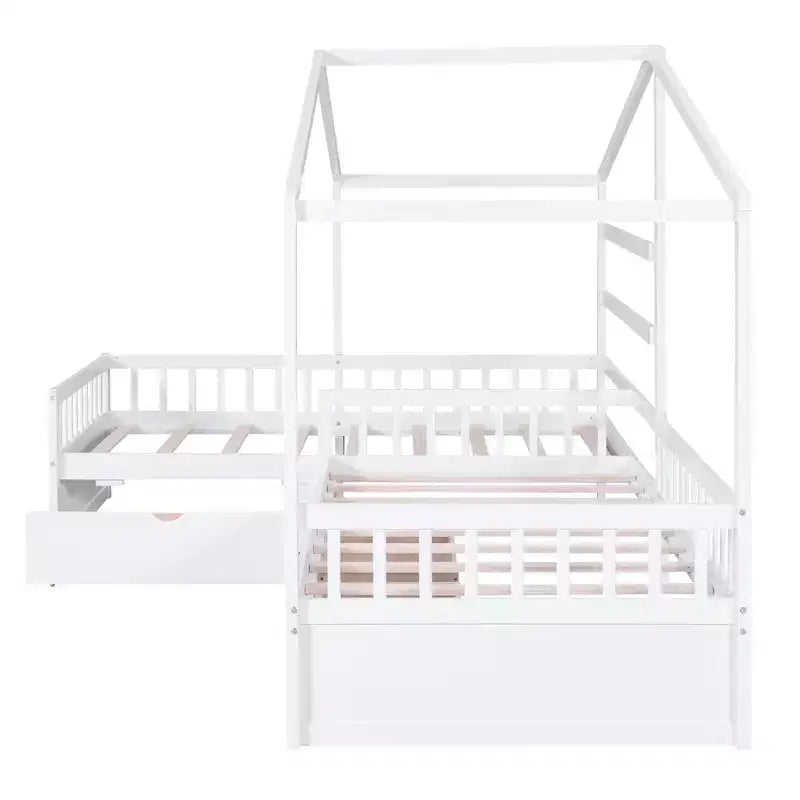 Letto a Piattaforma a Forma di Casetta per Bambini (Misura Singola) con 3 Cassetti, Legno di Pino