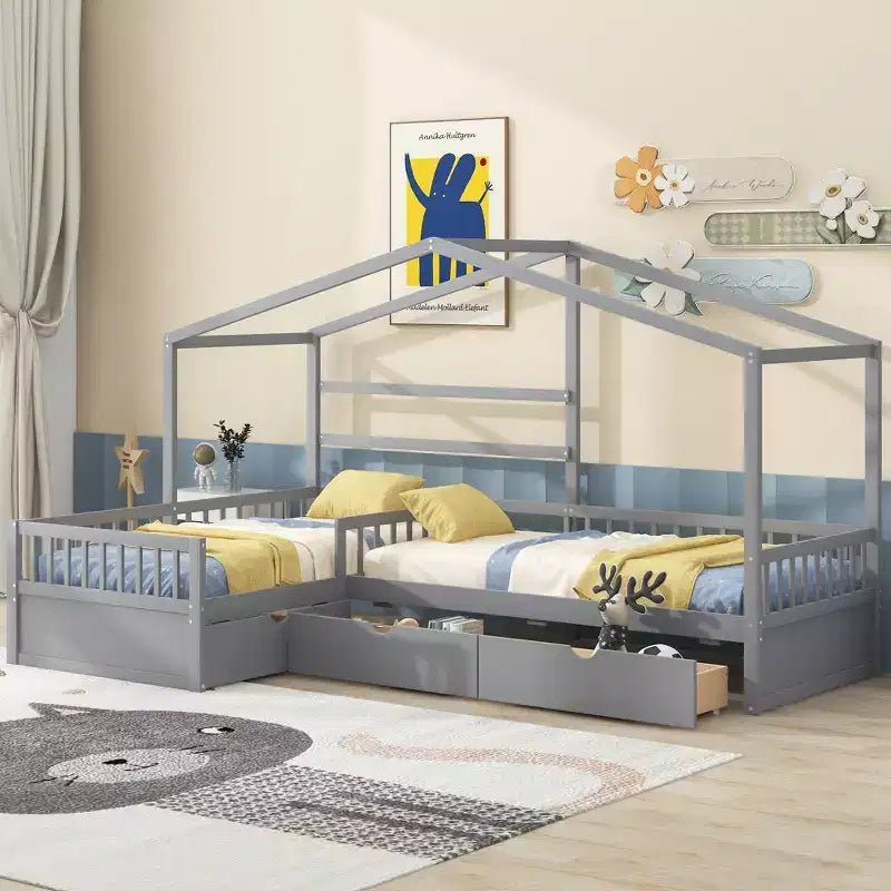 Letto a Piattaforma a Forma di Casetta per Bambini (Misura Singola) con 3 Cassetti, Legno di Pino