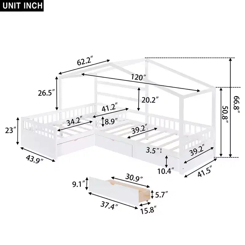 Letto a Piattaforma a Forma di Casetta per Bambini (Misura Singola) con 3 Cassetti, Legno di Pino