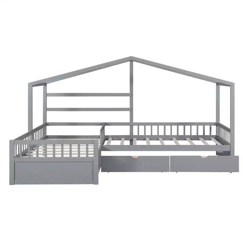 Letto a Piattaforma a Forma di Casetta per Bambini (Misura Singola) con 3 Cassetti, Legno di Pino