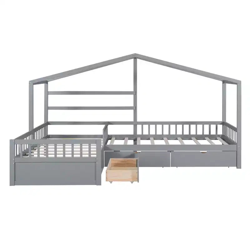 Letto a Piattaforma a Forma di Casetta per Bambini (Misura Singola) con 3 Cassetti, Legno di Pino
