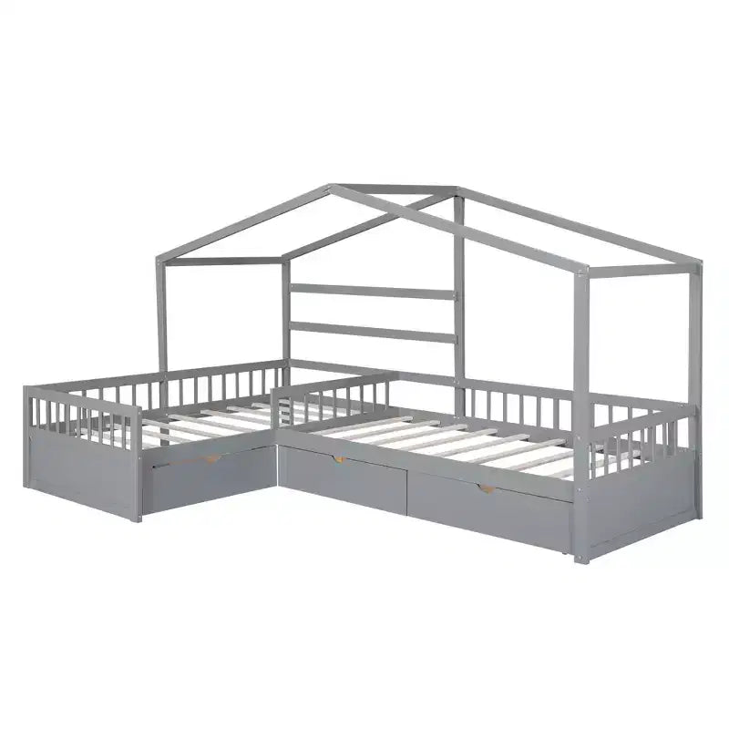 Letto a Piattaforma a Forma di Casetta per Bambini (Misura Singola) con 3 Cassetti, Legno di Pino
