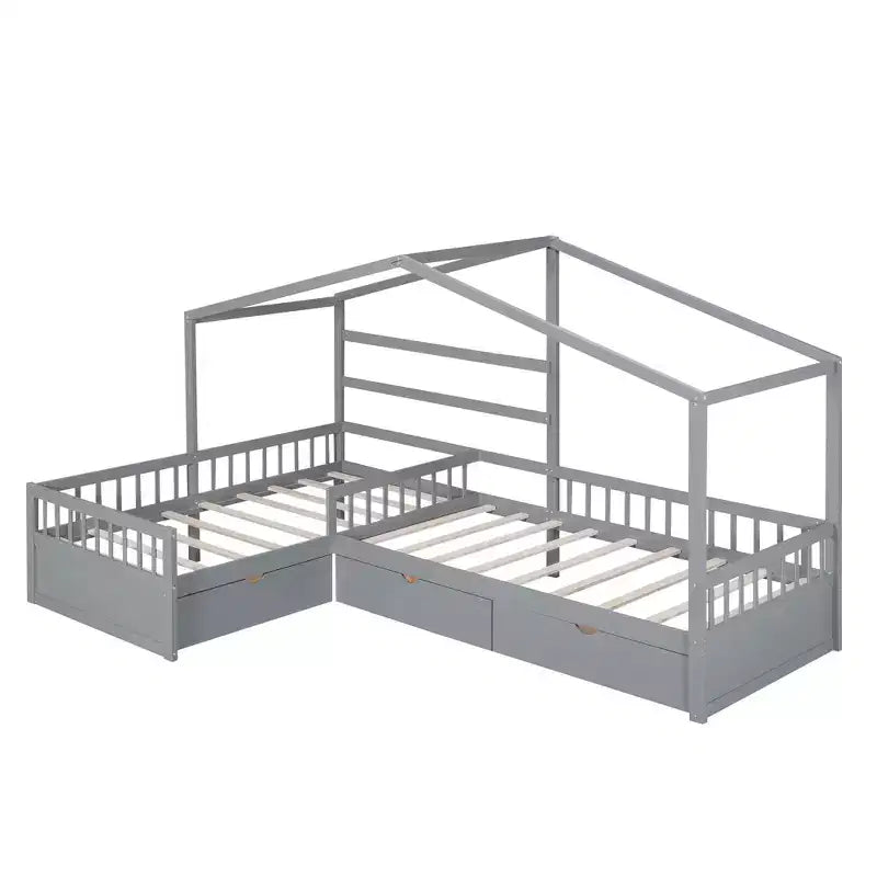 Letto a Piattaforma a Forma di Casetta per Bambini (Misura Singola) con 3 Cassetti, Legno di Pino