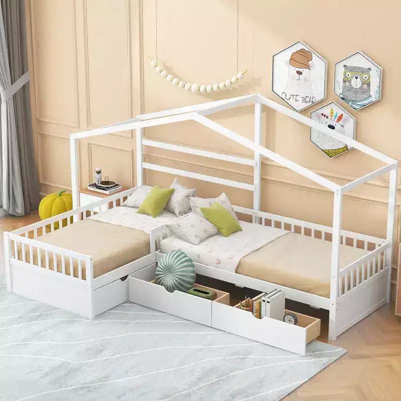 Letto a Piattaforma a Forma di Casetta per Bambini (Misura Singola) con 3 Cassetti, Legno di Pino